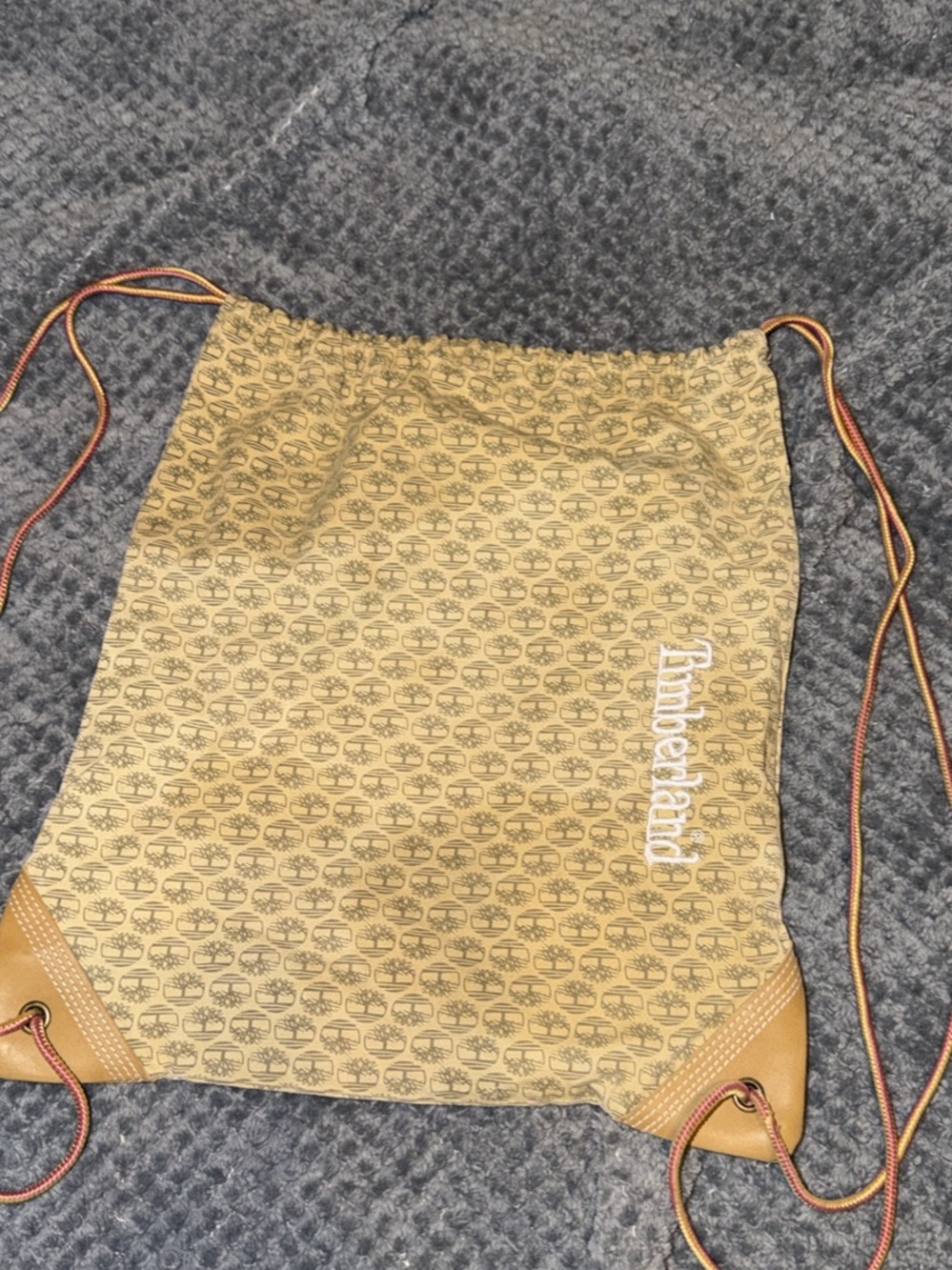 Timberland Tan Monogram Drawstring Sack with White Script